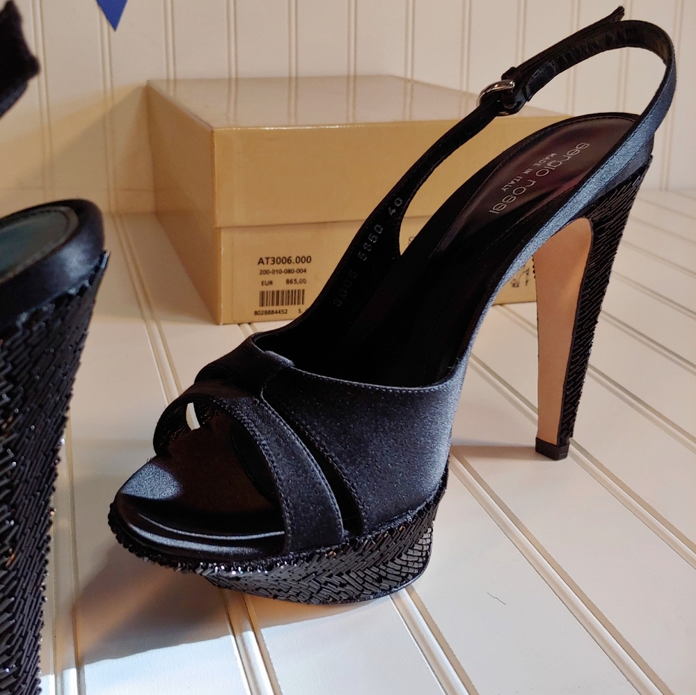 Sergio Rossi NWT Tessuto Raso Black Leather Slingback Platform Heels size 10